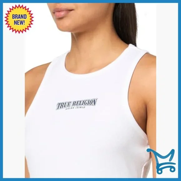 Rhinestone Logo Rib Tank Top, Scoop Neck, Stretchy Cotton Blend - Picture 3 of 3